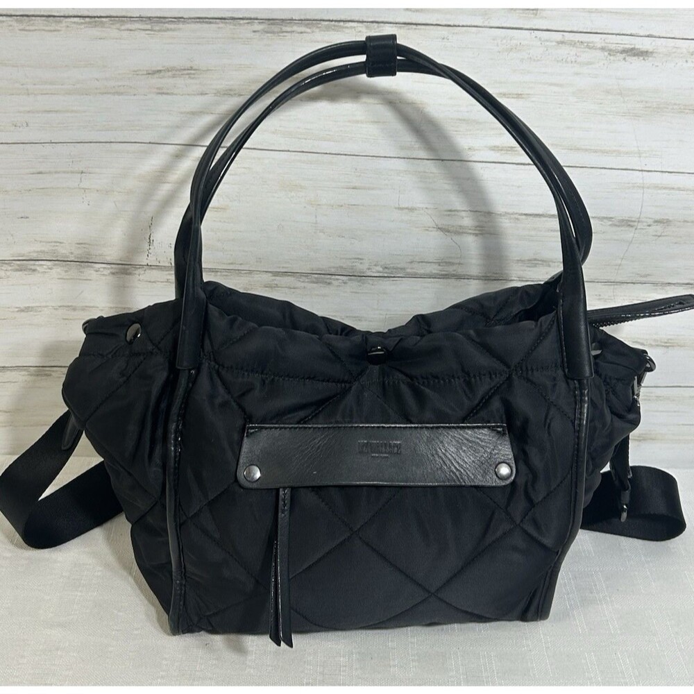 MZ WALLACE Madison Shopper Black Blue Quilted Nylon Leather Tote Shoulder Bag